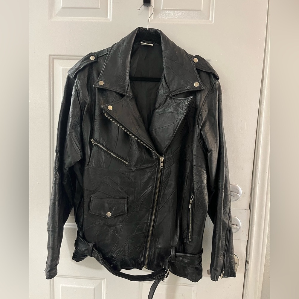 Vintage 90's Flight Path Leather Jacket Deadstock Moto Biker Patchwork Black XL